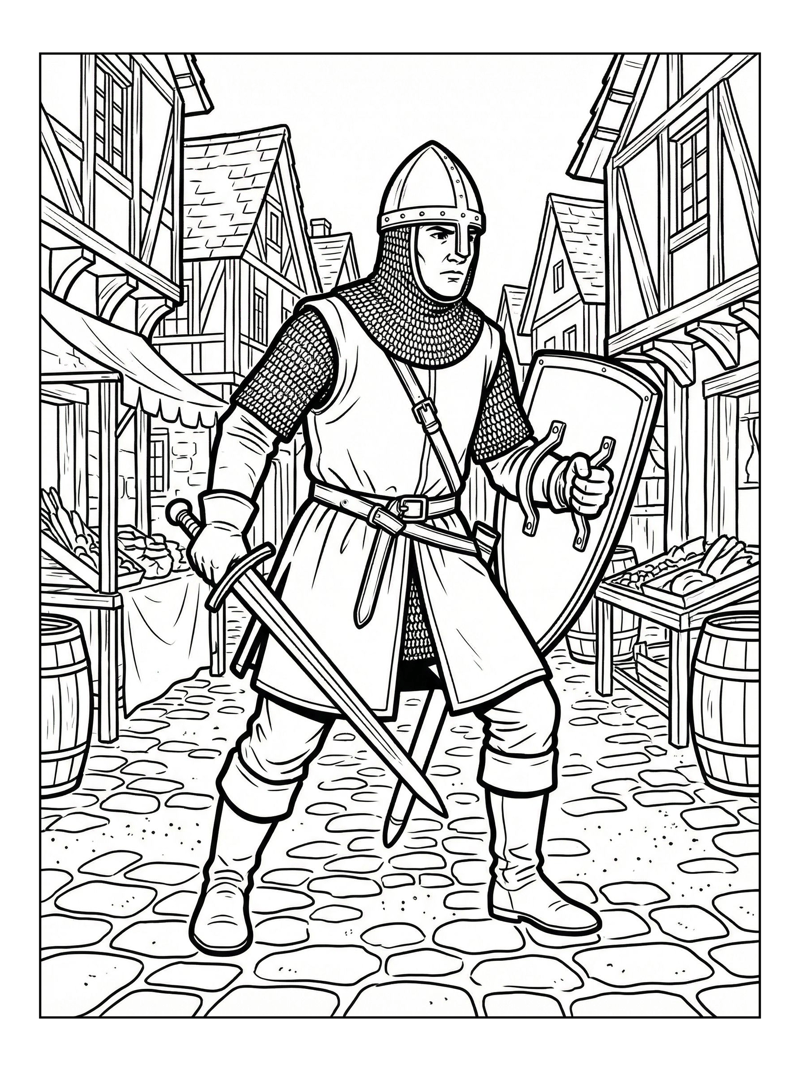 Honorable Squire Standing Guard In Village