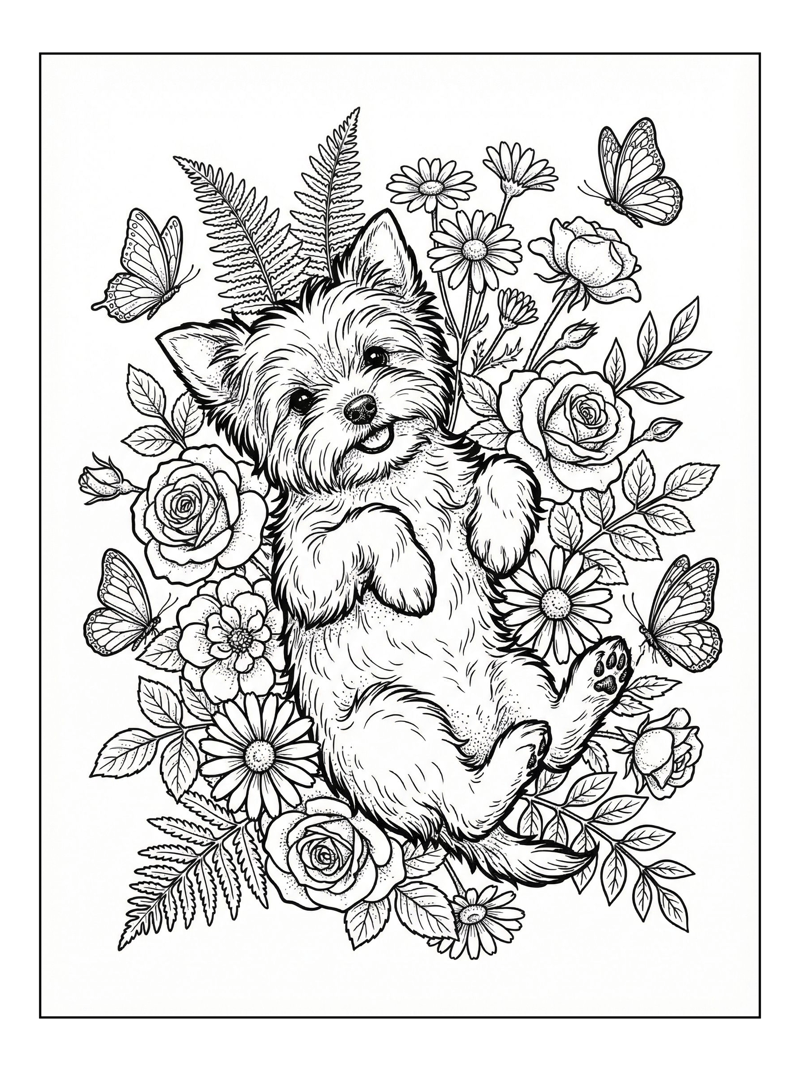 Yorkshire Terrier Puppy Lying Among Flowers