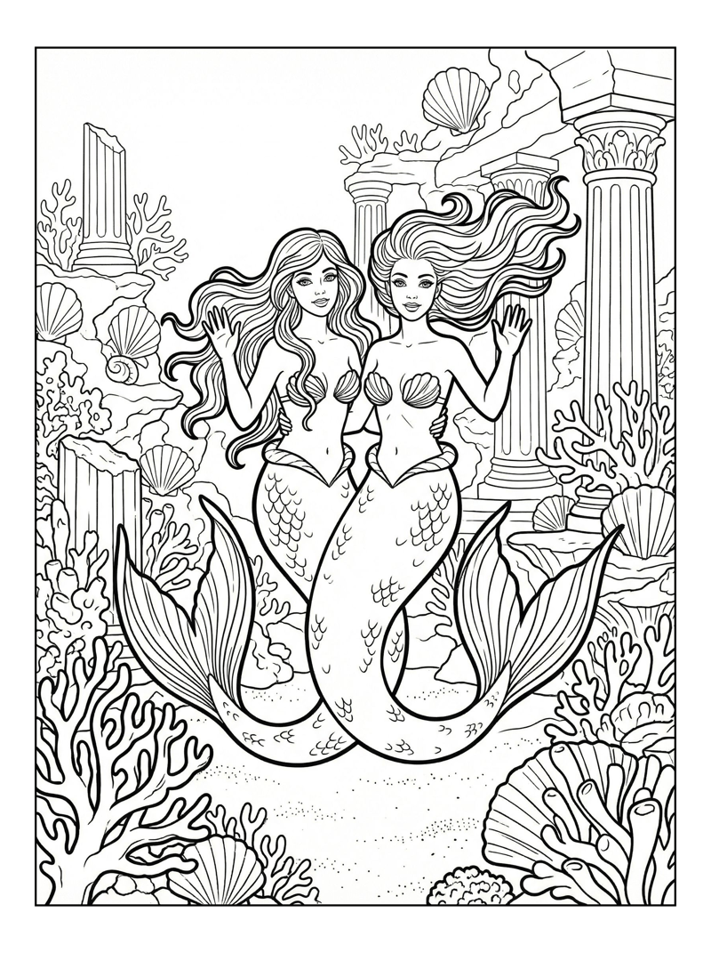 Twin Mermaids Waving Underwater Palace