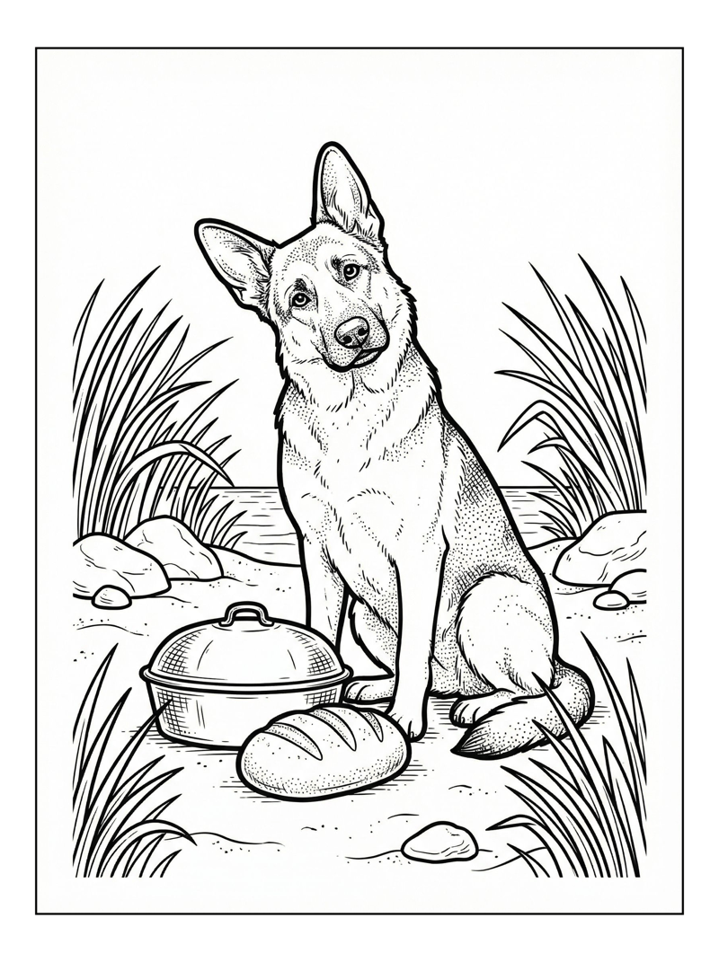 Coloring page of German Shepherd Sitting Beach Baking