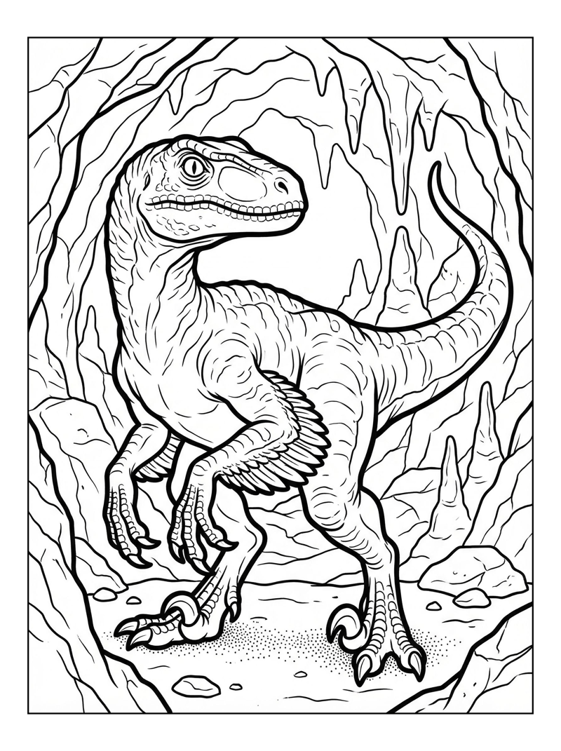 Velociraptor Crouching In Ancient Cave