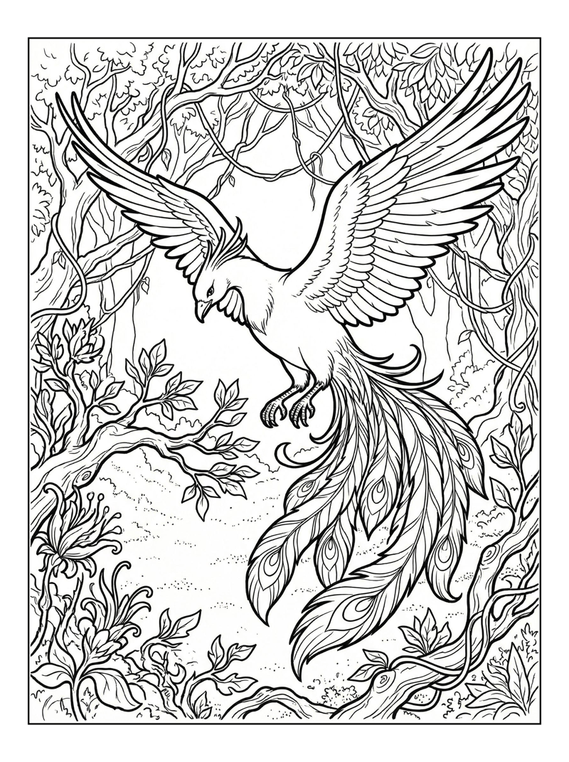 Phoenix Flying Through Enchanted Forest
