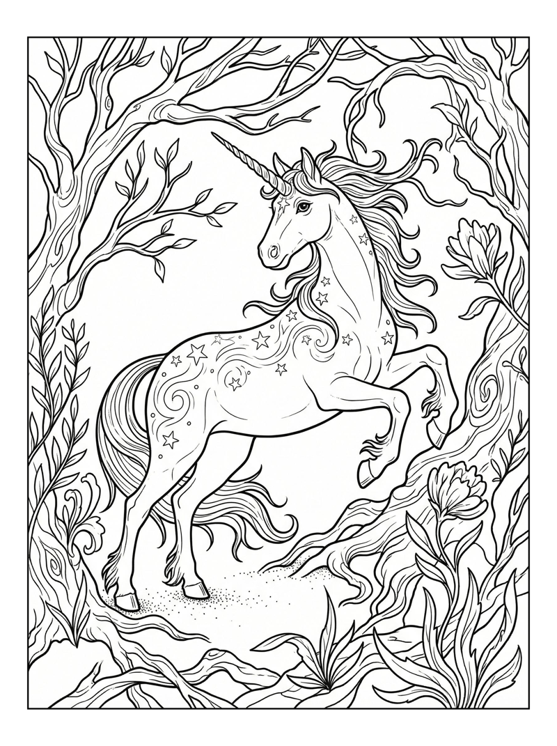 Celestial Unicorn Leaping Enchanted Forest