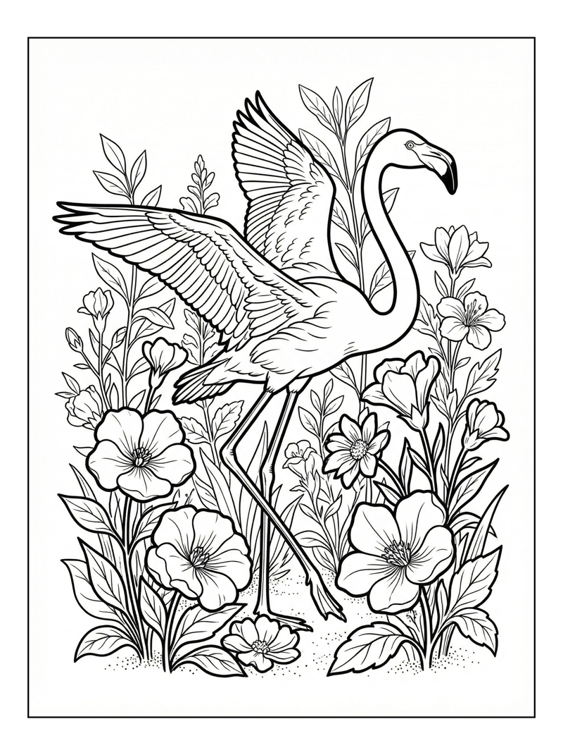 Flamingo Gliding In Flower Garden