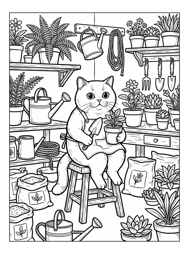 British Shorthair Cat Gardening Potting Shed