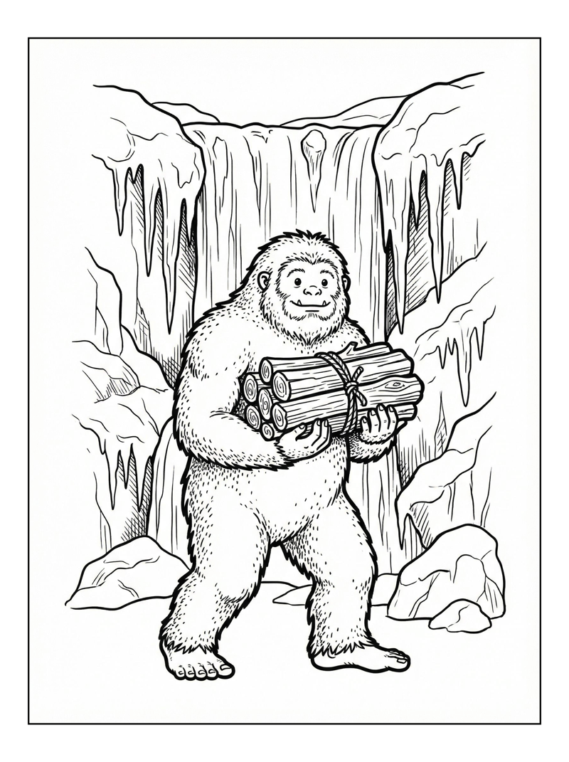 Yeti Carries Logs By Frozen Waterfall