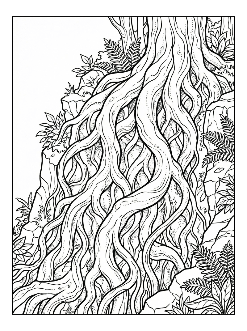 Winding Tree Roots On Cliffside Rocks
