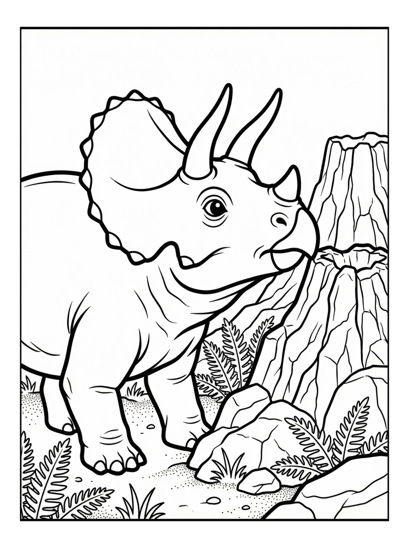 Hatchling Triceratops Explores Volcanic Landscape