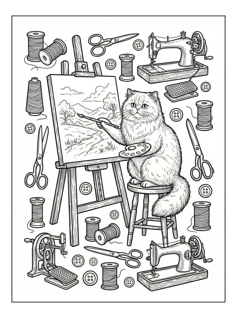 Persian Cat Painting With Sewing Supplies