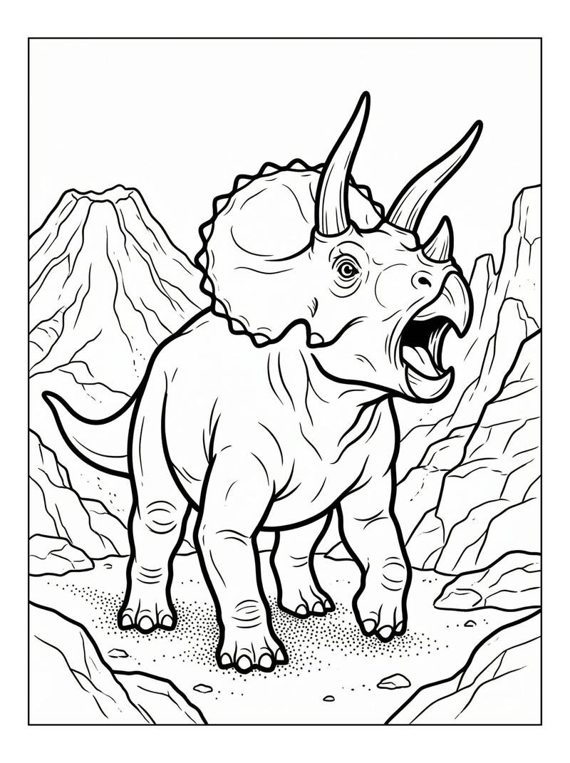 Juvenile Triceratops Roaring Volcanic Landscape