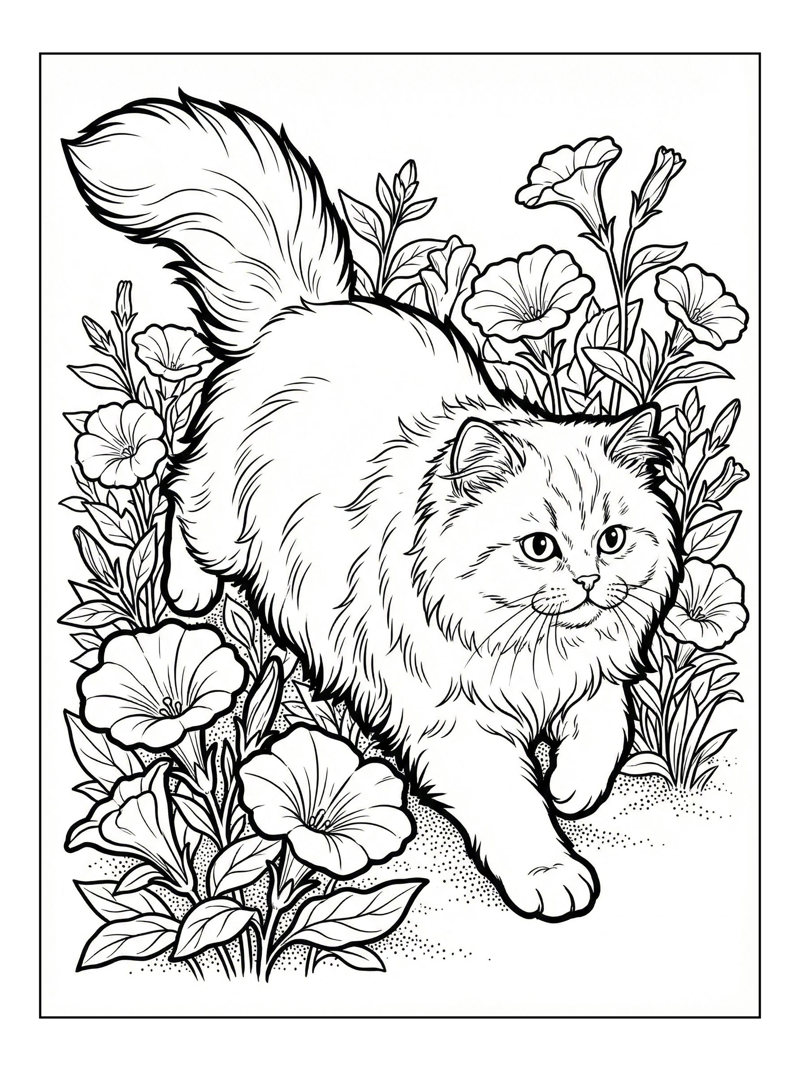 Persian Cat Leaping In Flower Bed