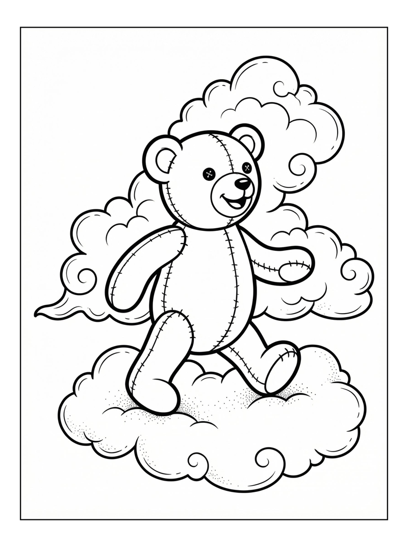 Stitched Teddy Bear Walking On Clouds