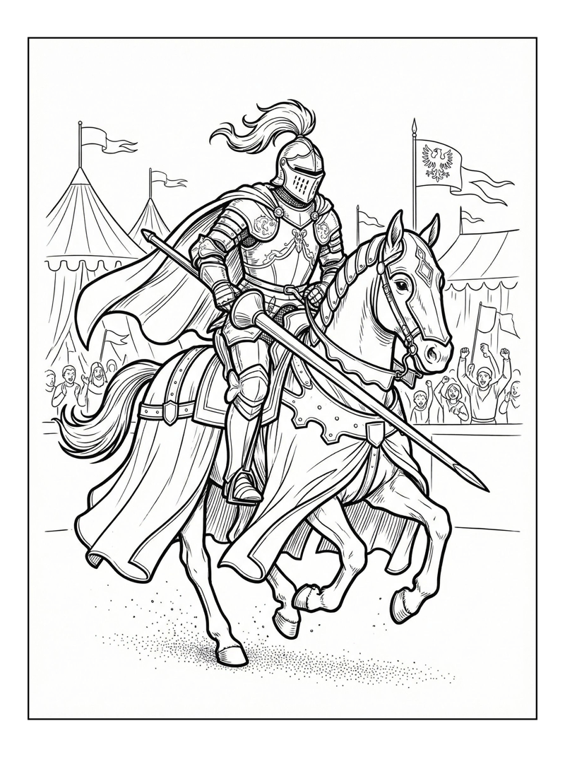 Coloring page of Paladin On Horseback Charging Tournament