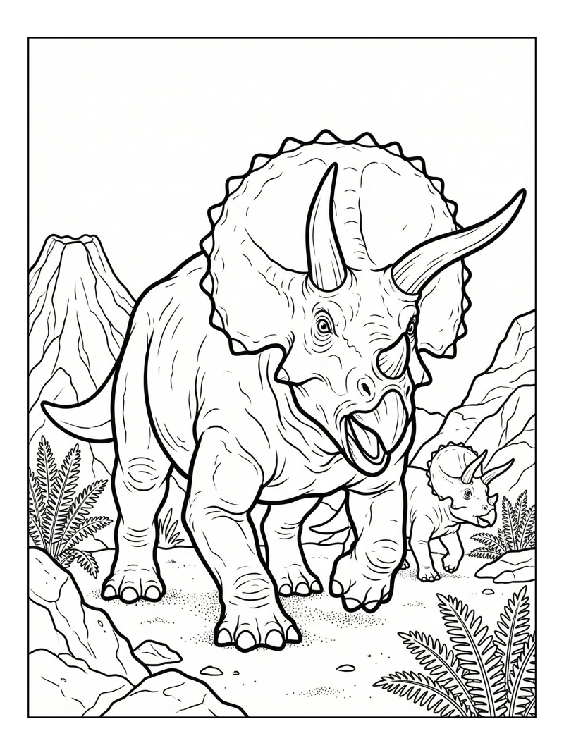 Triceratops Mother Baby Volcanic Landscape