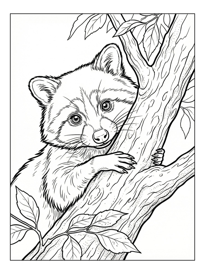 Racoon Peeking From Tree Branch