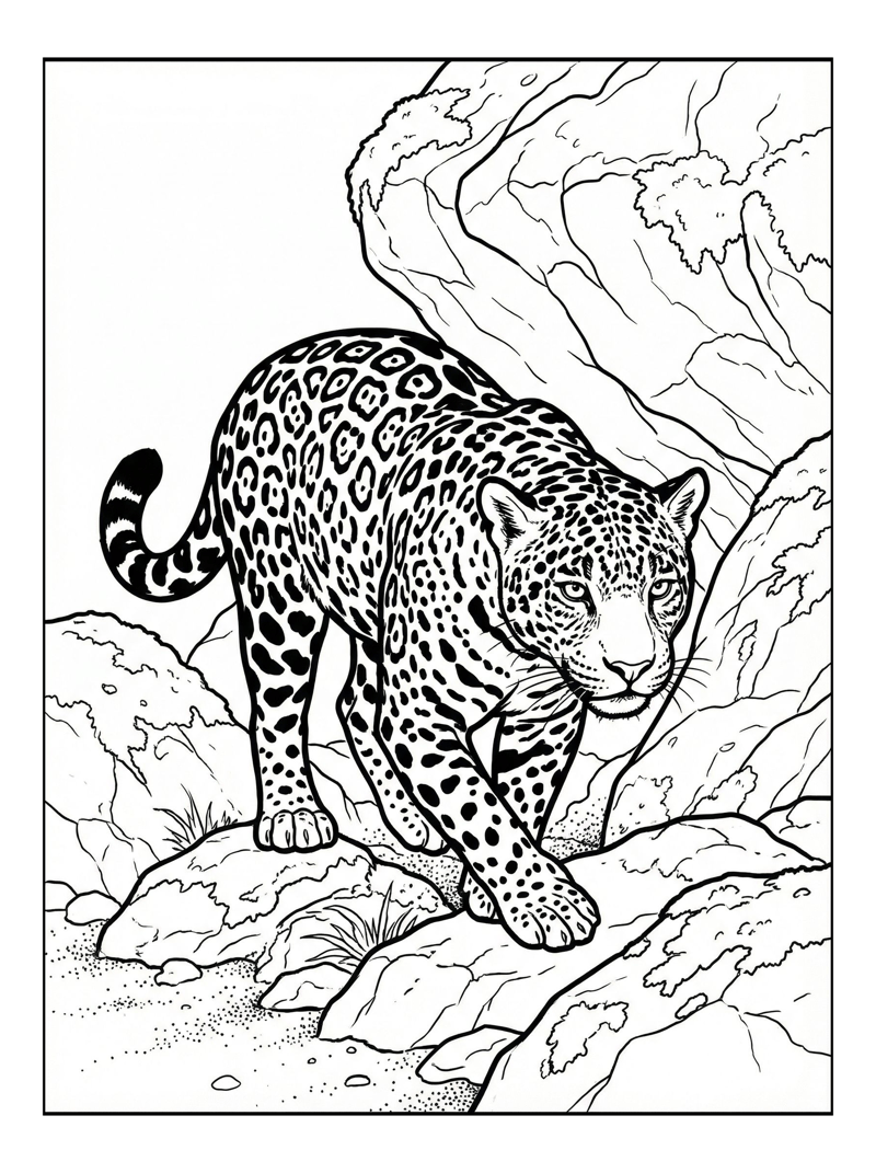 Young Jaguar Prowling Among Rocks