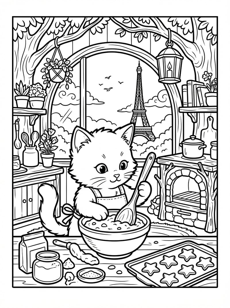 Fluffy Kitten Baking Cookies With Eiffel Tower