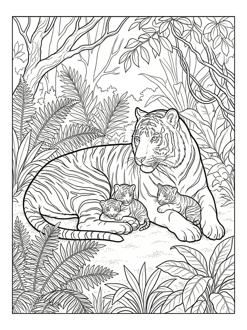 Mother Tiger Cubs Rest In Jungle