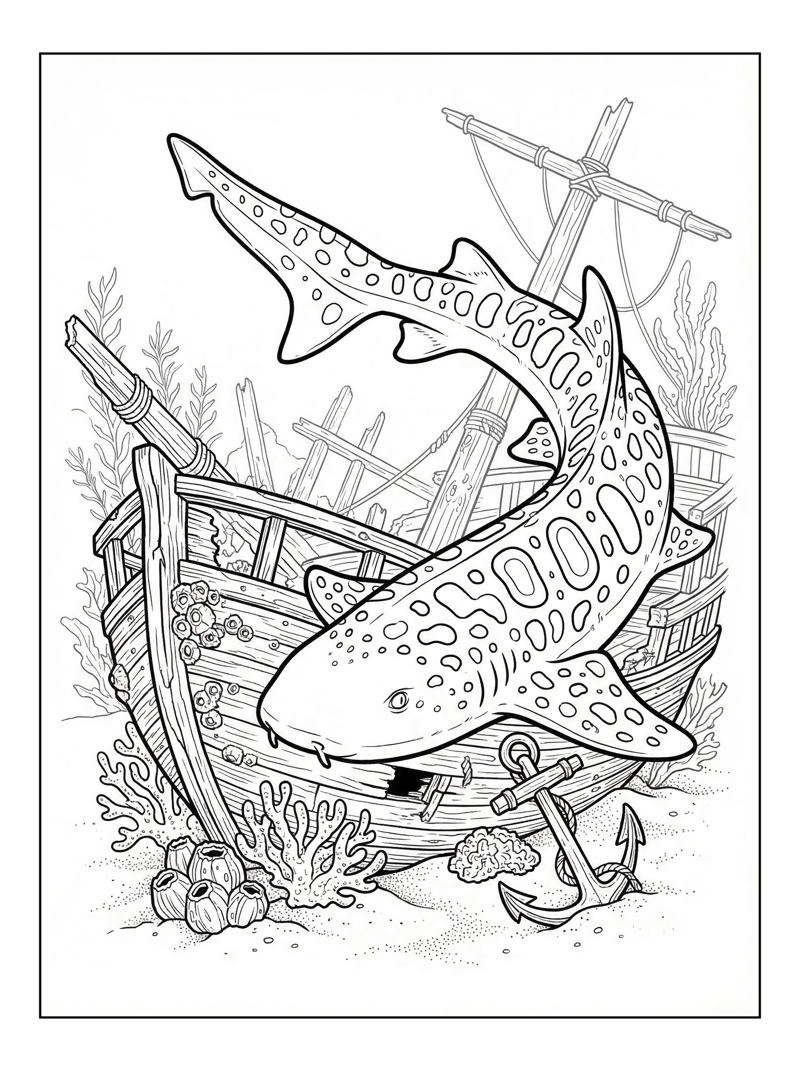 Leopard Shark Circling Shipwreck Scene