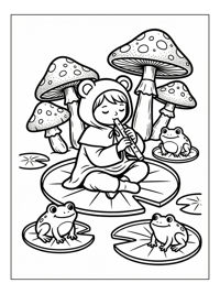 Bear Character Playing Flute With Frogs