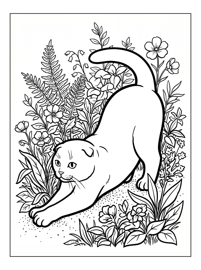 Scottish Fold Cat Stretching In Garden