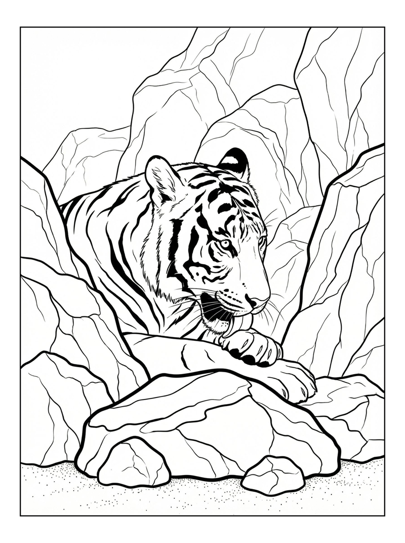 Bengal Tiger Grooming Among Rocky Outcrop