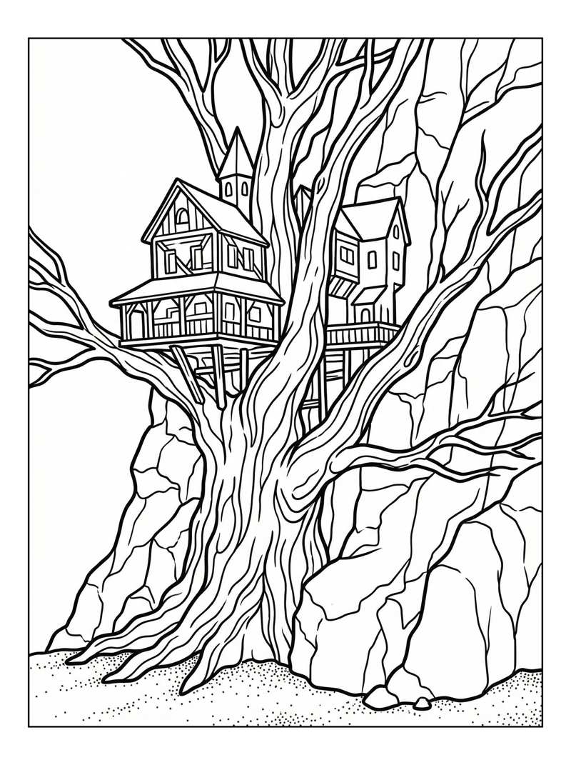 Treehouse Castle On Rocky Cliff