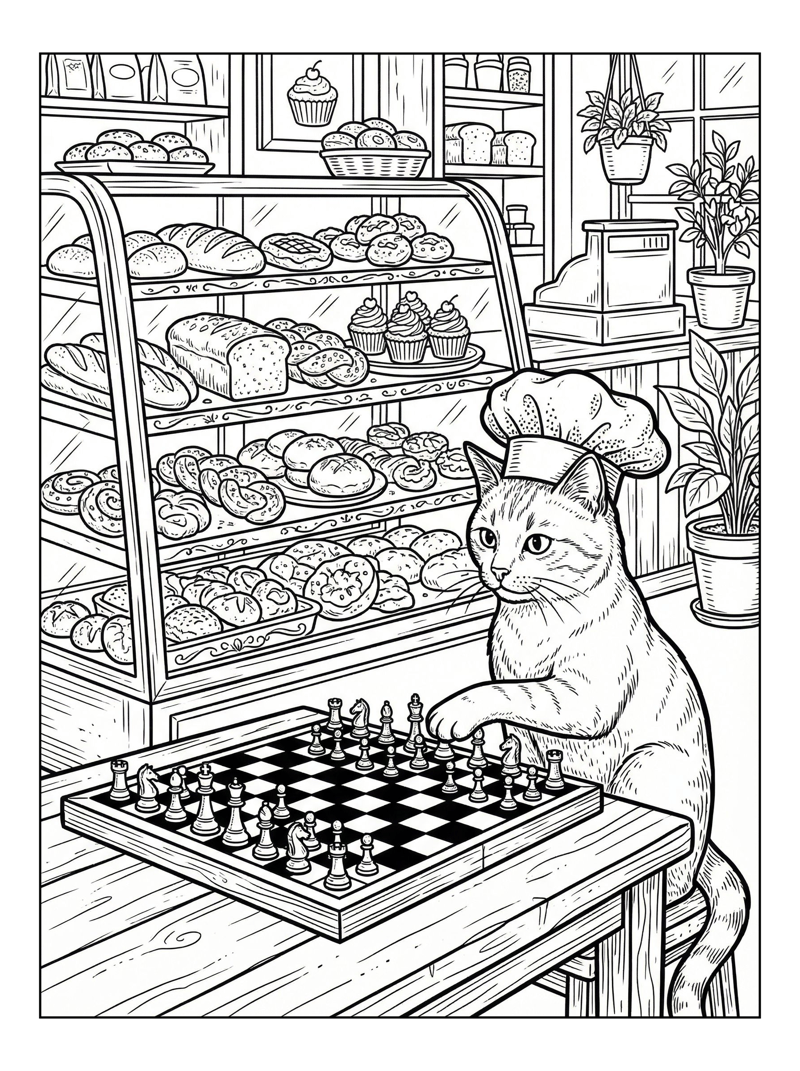 Cat Plays Chess In Bakery