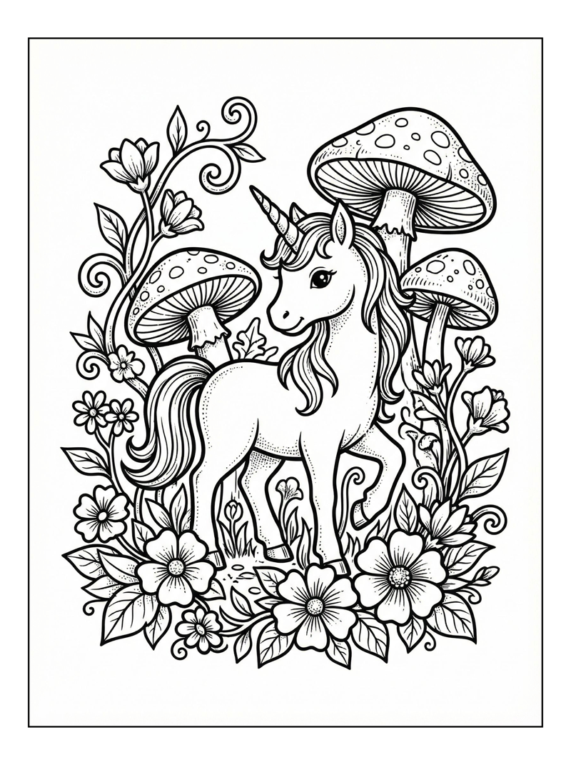 Unicorn Stands In Flowery Mushroom Meadow