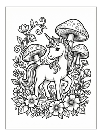Unicorn Stands In Flowery Mushroom Meadow
