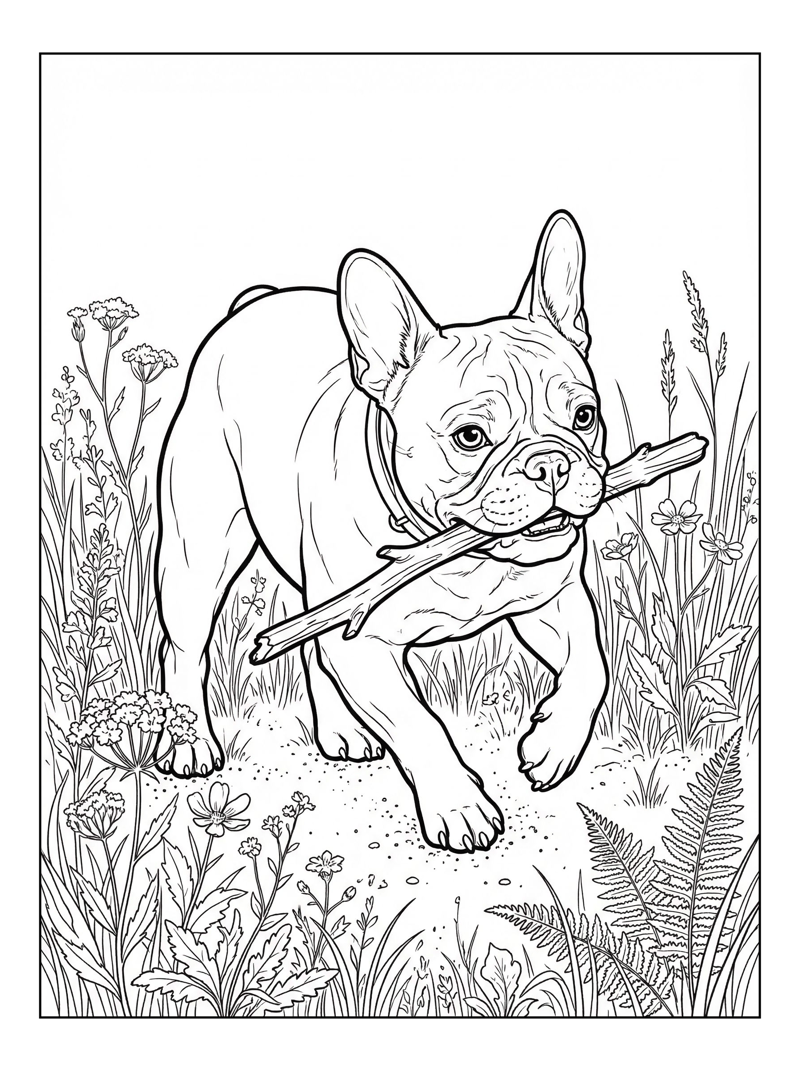 French Bulldog Fetching Stick In Meadow