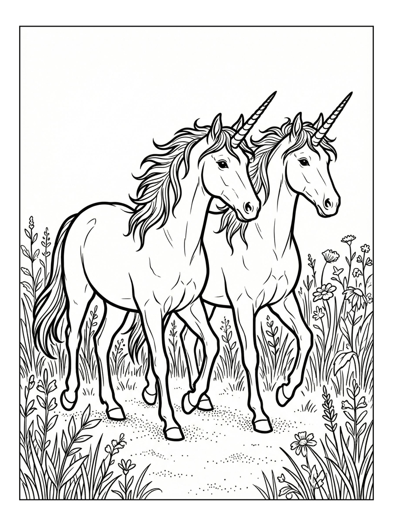 Twin Unicorns Walking Through Meadow