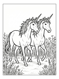Twin Unicorns Walking Through Meadow