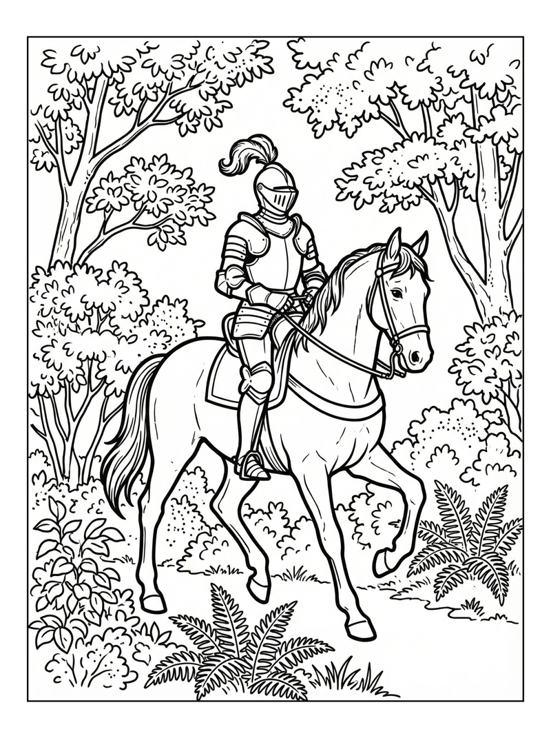 Knight Rides Horse Through Forest Path