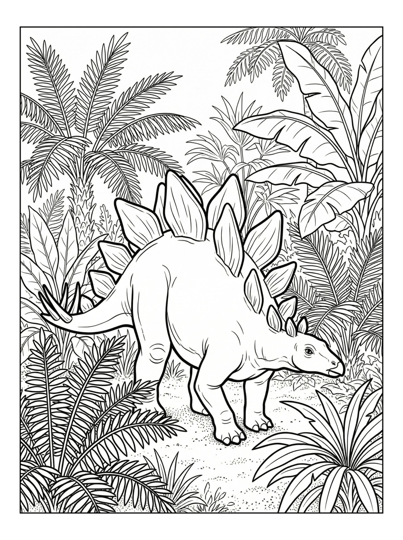 Juvenile Stegosaurus Foraging In Jungle Clearing