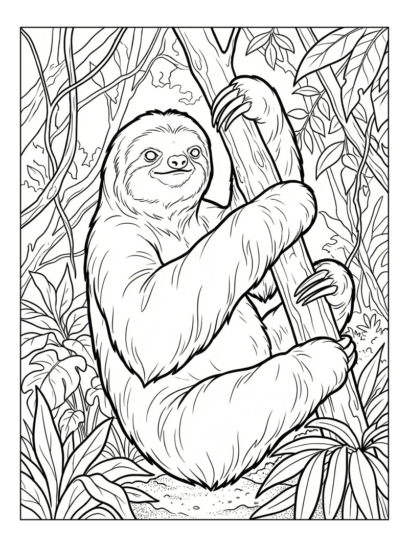 Brown-throated Sloth Clinging To Tree In Jungle