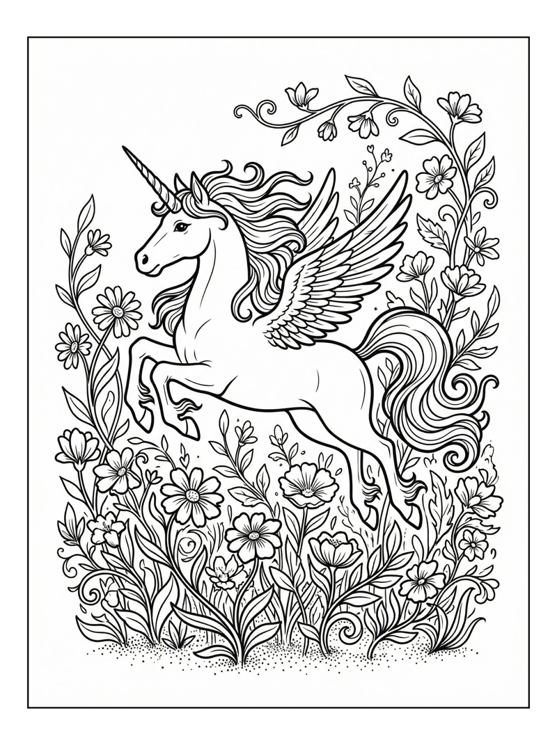 Winged Unicorn Flying Through Meadow