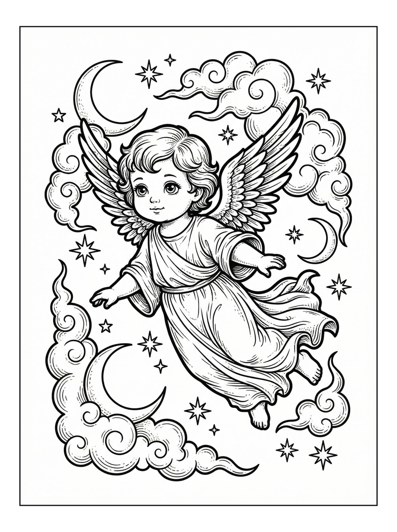 Angel Flies Amidst Clouds And Stars