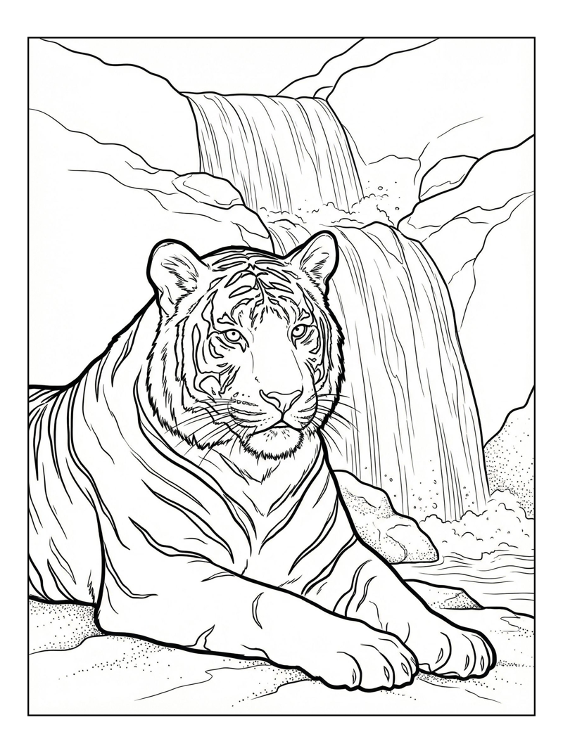 White Tiger Resting By Waterfall