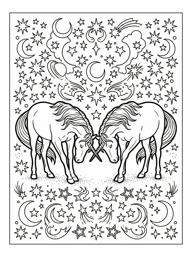 Twin Unicorns Bowing Under Starry Sky