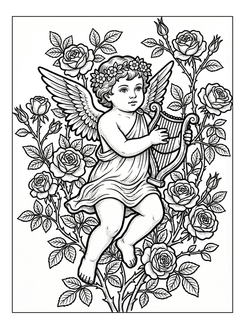 Cupid Playing Harp With Roses