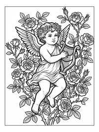 Cupid Playing Harp With Roses