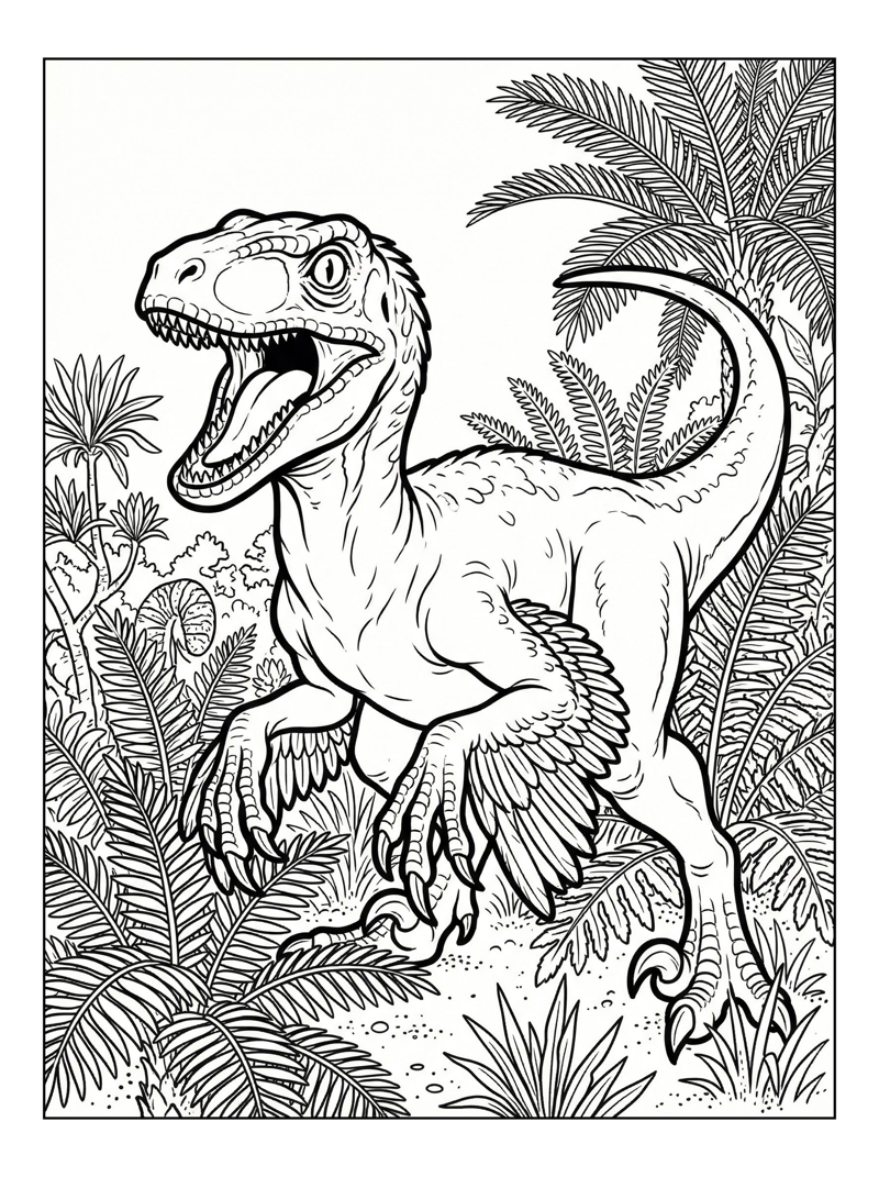 Baby Velociraptor Roaring In Fern Forest