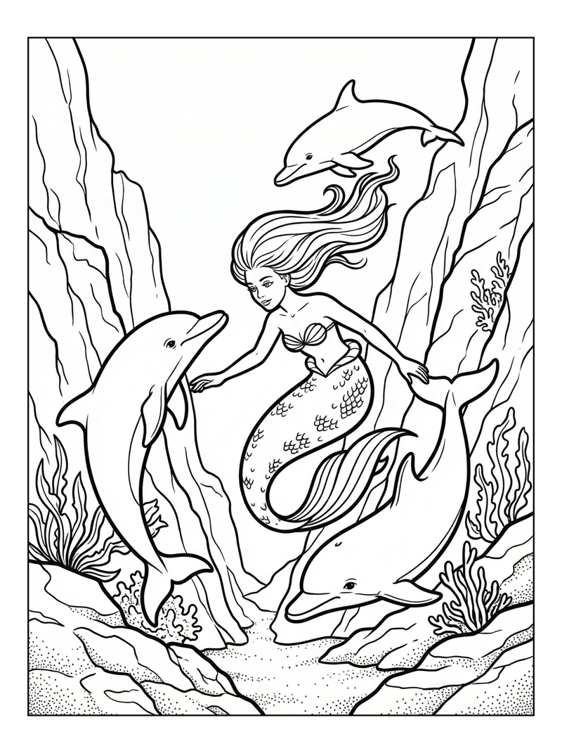 Mermaid Princess Plays With Dolphins Deep Trench