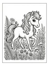 Horse Playfully Walking Meadow Flowers