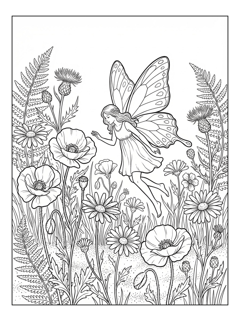 Butterfly Fairy Hovers Among Wildflowers