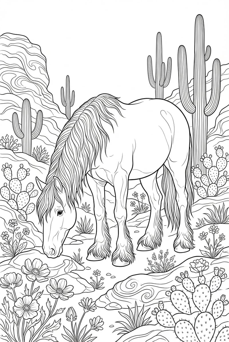 Clydesdale Horse Grazing In Desert With Cacti