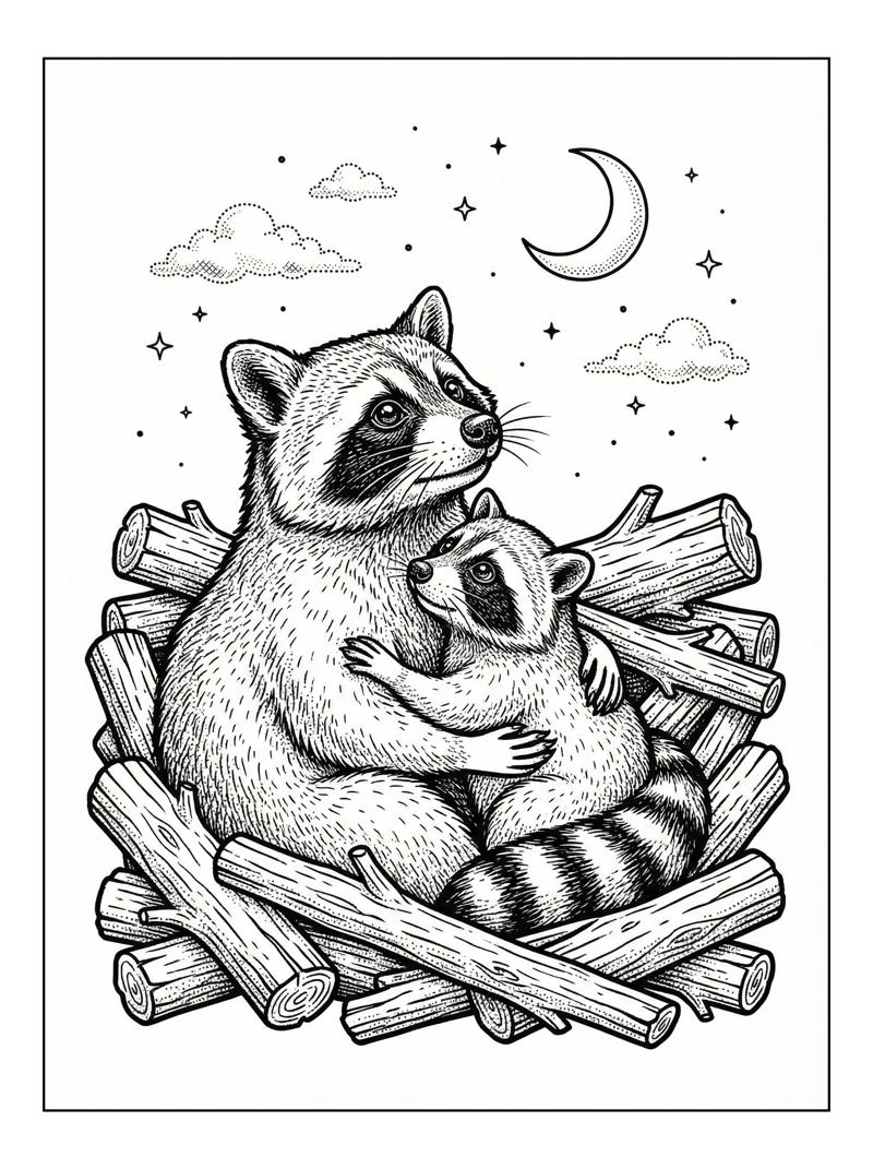 Raccoon Parent Baby Duo Moon Gazing