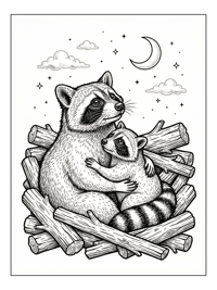 Raccoon Hugging Baby Under Moon