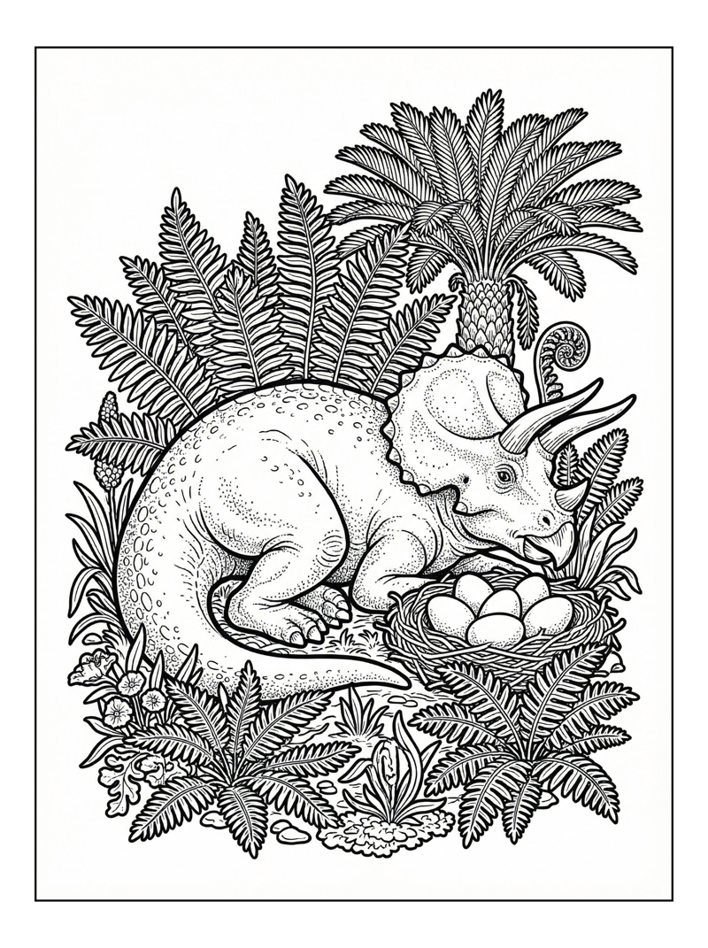 Triceratops Rests Beside Nest With Eggs